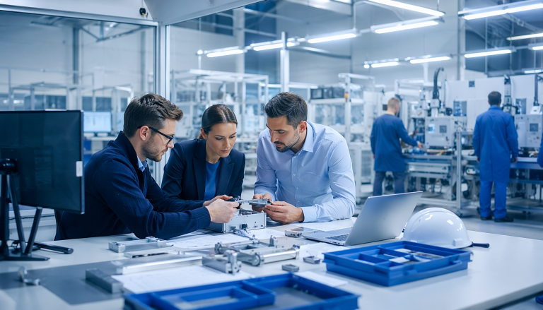 Hardware manufacturing and NPI process scene, professional industrial photography