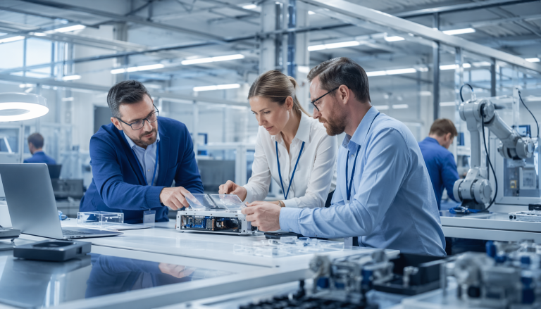 Hardware manufacturing and NPI process scene, professional industrial photography