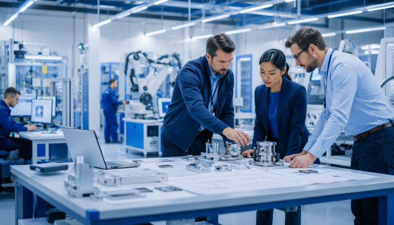 Hardware manufacturing and NPI process scene, professional industrial photography