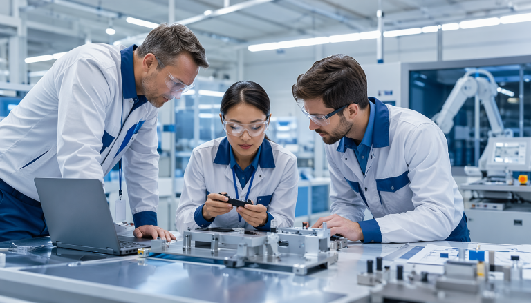 Hardware manufacturing and NPI process scene, professional industrial photography