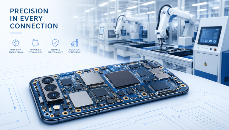 Smartphone circuit board with factory assembly line background, hardware manufacturing concept